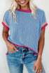 Retro Vibe Contrast Trim Corded Knit Short Sleeve Top